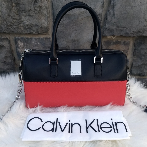 Calvin Klein Watermelon Red Black Calf Leather Tonya Satchel - Picture 3 of 16